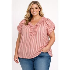 Max Studio 2X Coral Stripe Ruffle V Neck Blouse NWT Plus Size